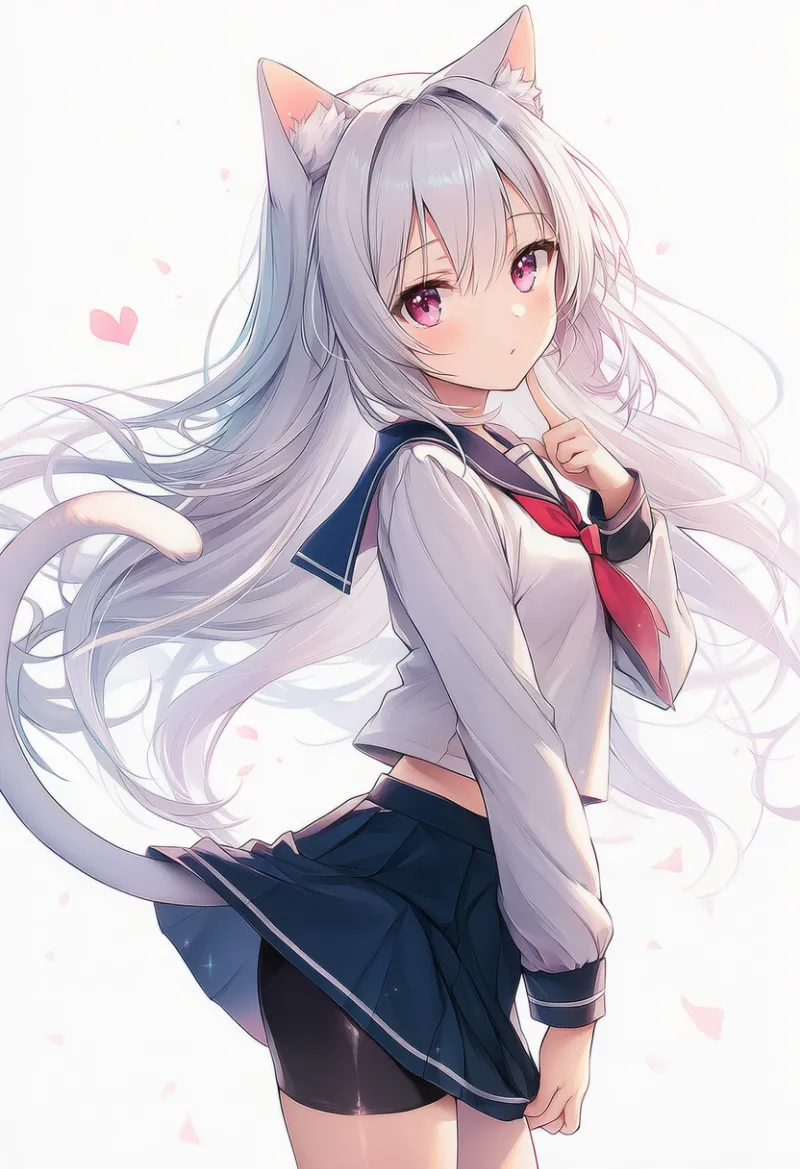 猫耳少女の尻尾が服の下から出ている状態のAIイラスト｜プロンプト紹介