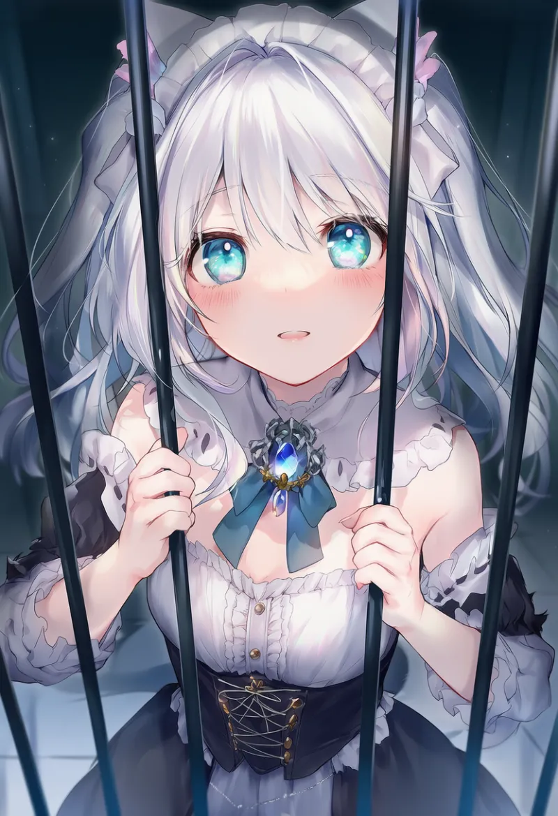 鉄格子を掴むポーズのAIイラスト作例｜プロンプト紹介：through bars, holding bars