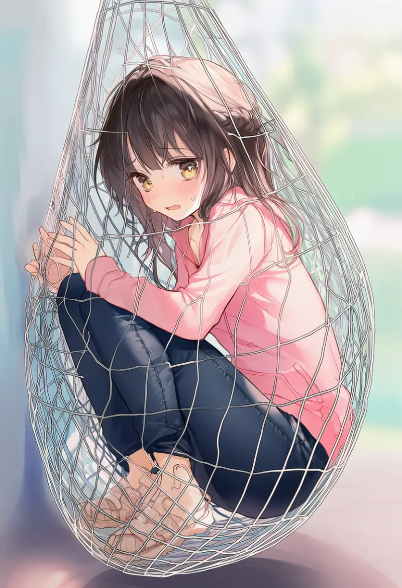 網に絡まるシーンのAIイラスト作例｜プロンプト紹介：trapped, net