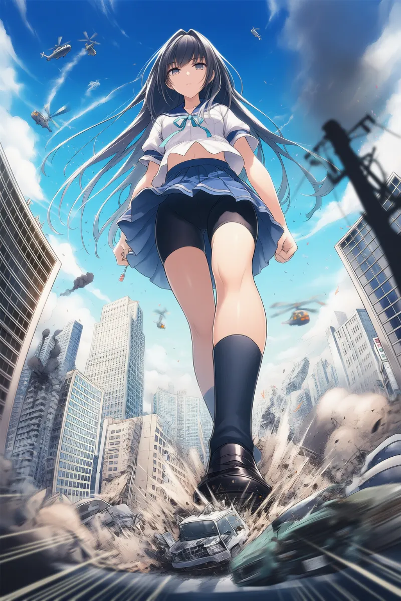 巨人キャラが車を踏み潰すシーン（怪獣映画風）のAIイラスト作例｜プロンプト