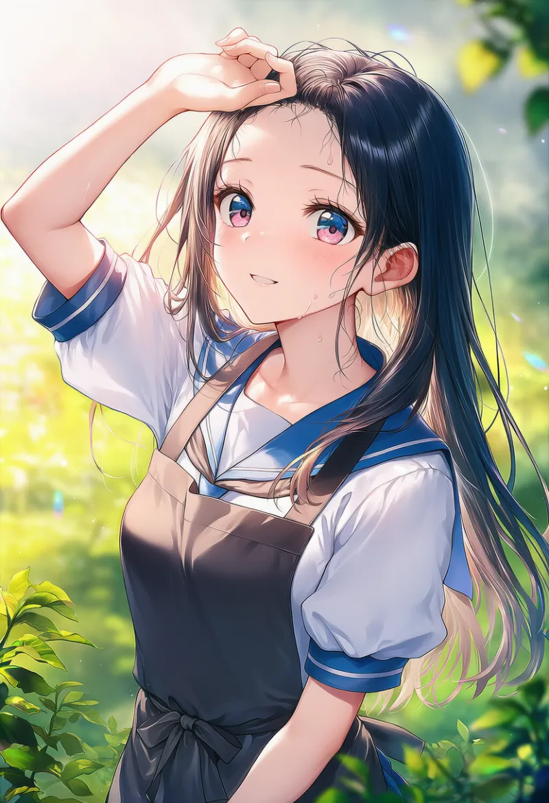 汗を拭く仕草のAIイラスト（ガーデニング）｜プロンプト紹介