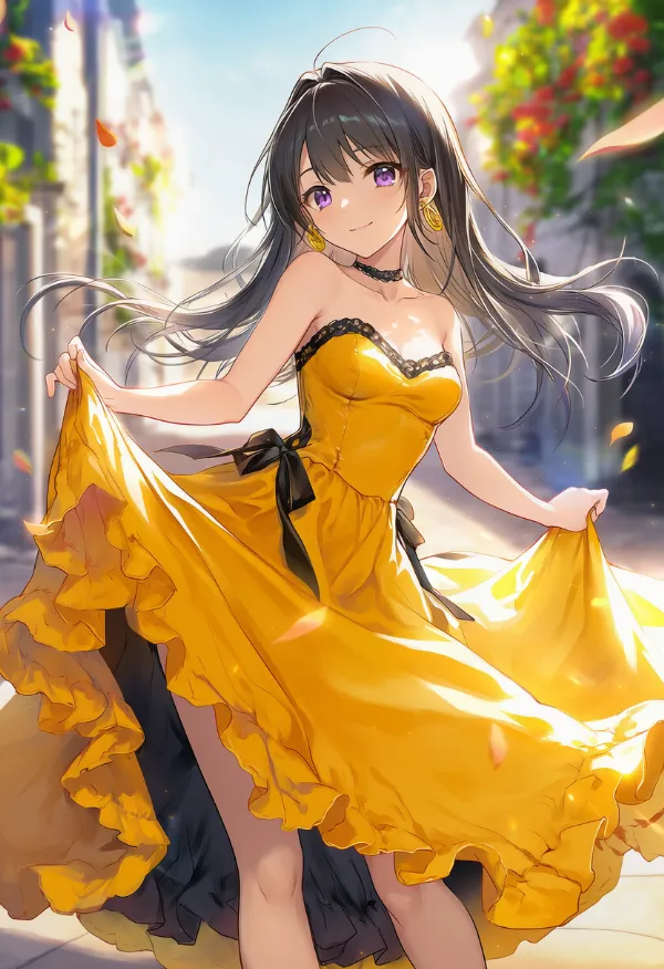 黄色ドレスに黒色アクセントのAIイラスト（フラメンコ用）｜プロンプト紹介
