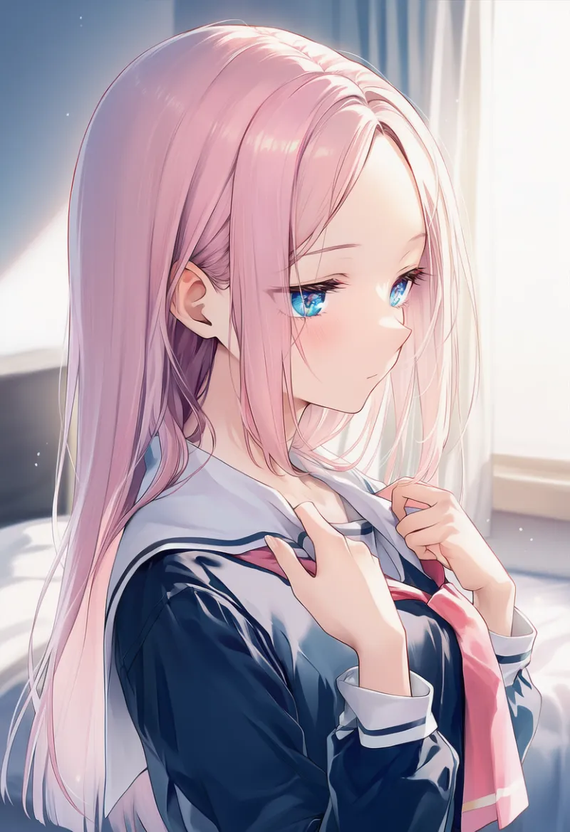 制服の襟を正す動作のAIイラスト（朝の日常行動）｜プロンプト紹介用