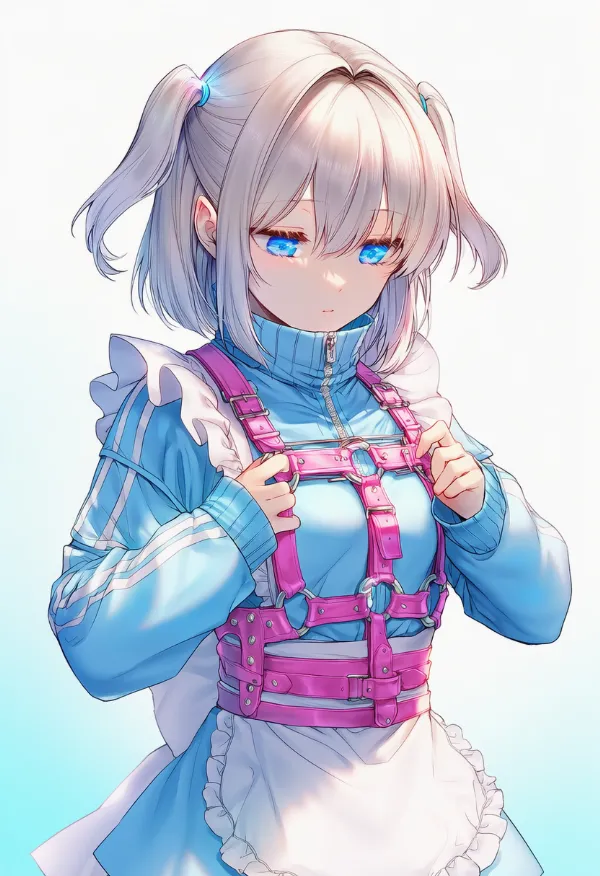ハーネス（服装）を調整する動作のAIイラスト｜プロンプト：adjusting harness
