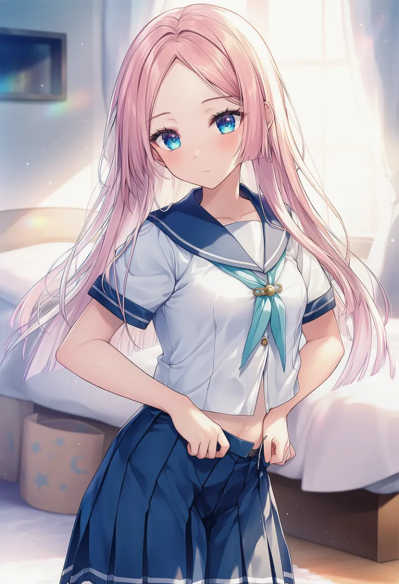 制服スカートを正す動作のAIイラスト（朝の日常行動）｜プロンプト紹介用