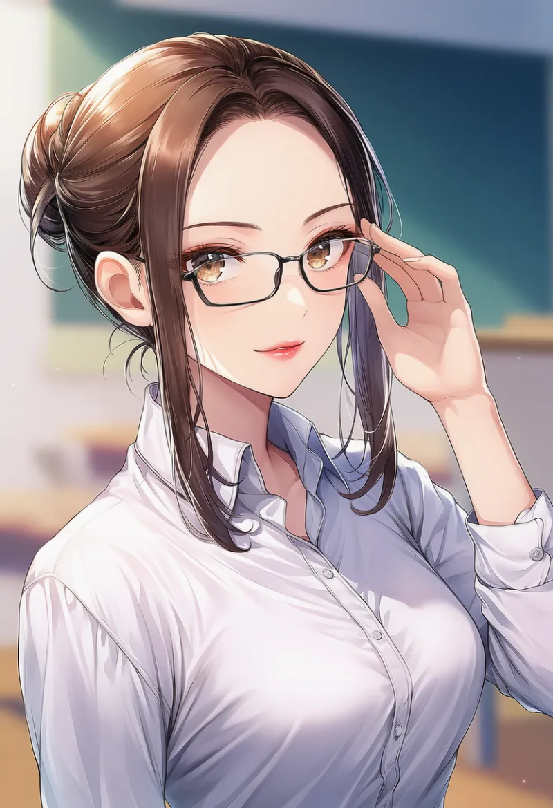 得意げにメガネを直している女教師のAIイラスト｜プロンプト紹介