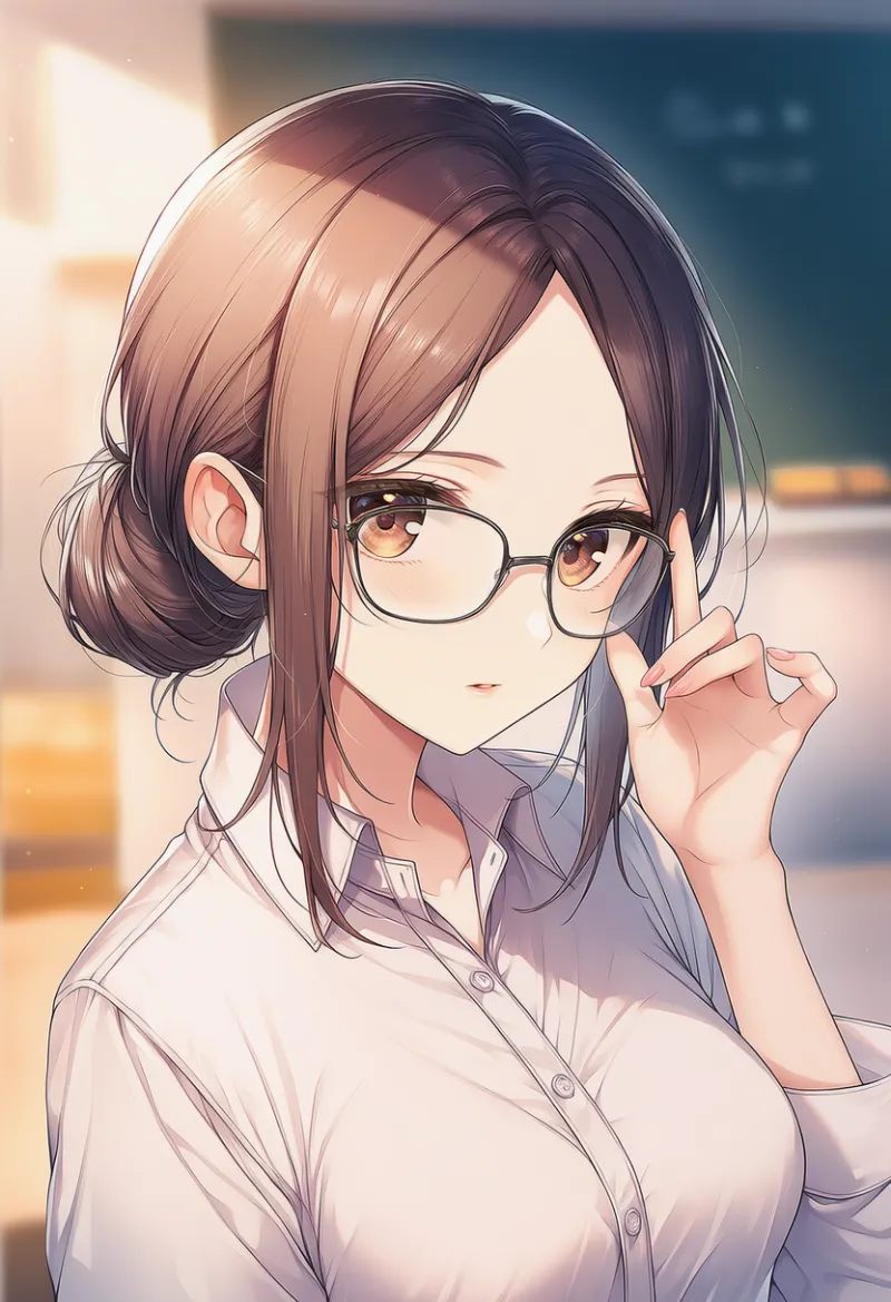 メガネを直している女教師のAIイラスト｜プロンプト紹介