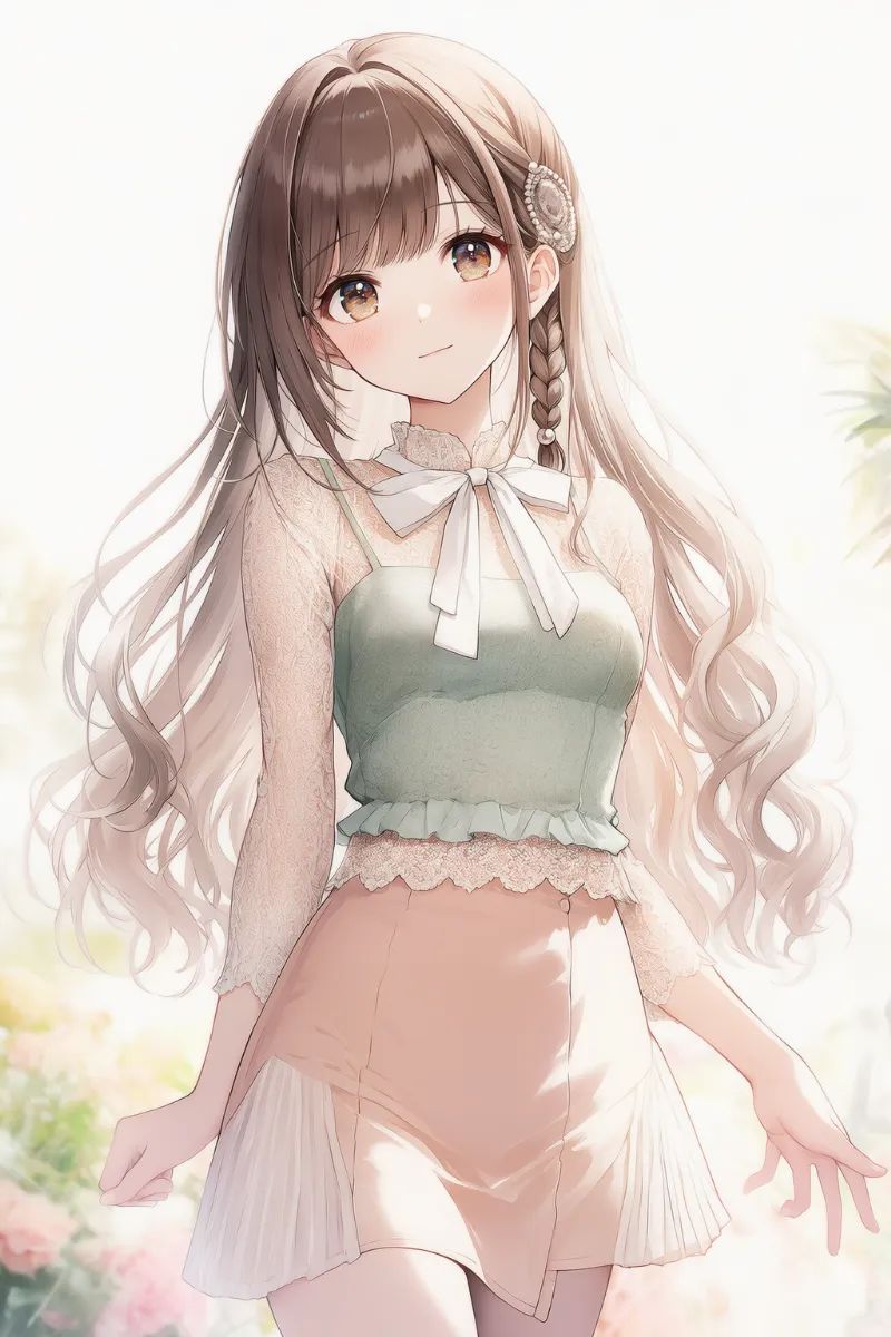 （NovelAI生成）ダスティセージ×ペールピーチ配色の淡色コーデのAIイラスト｜プロンプト紹介用
