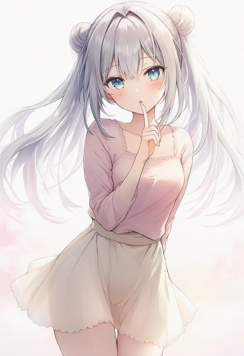 淡いピンク色とクリーム色のシンプルな服装のAIイラスト
