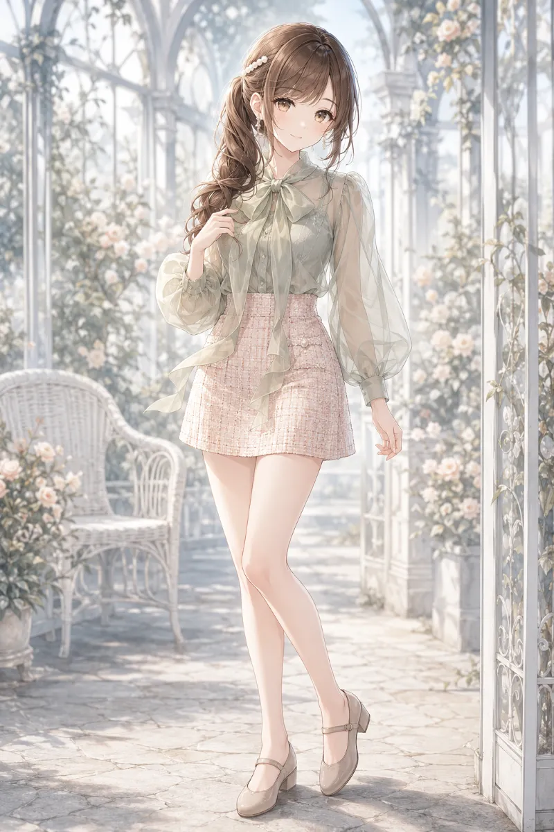 （GPT Image 2.0生成）ダスティセージ×ペールピーチ配色の淡色コーデのAIイラスト｜プロンプト紹介用