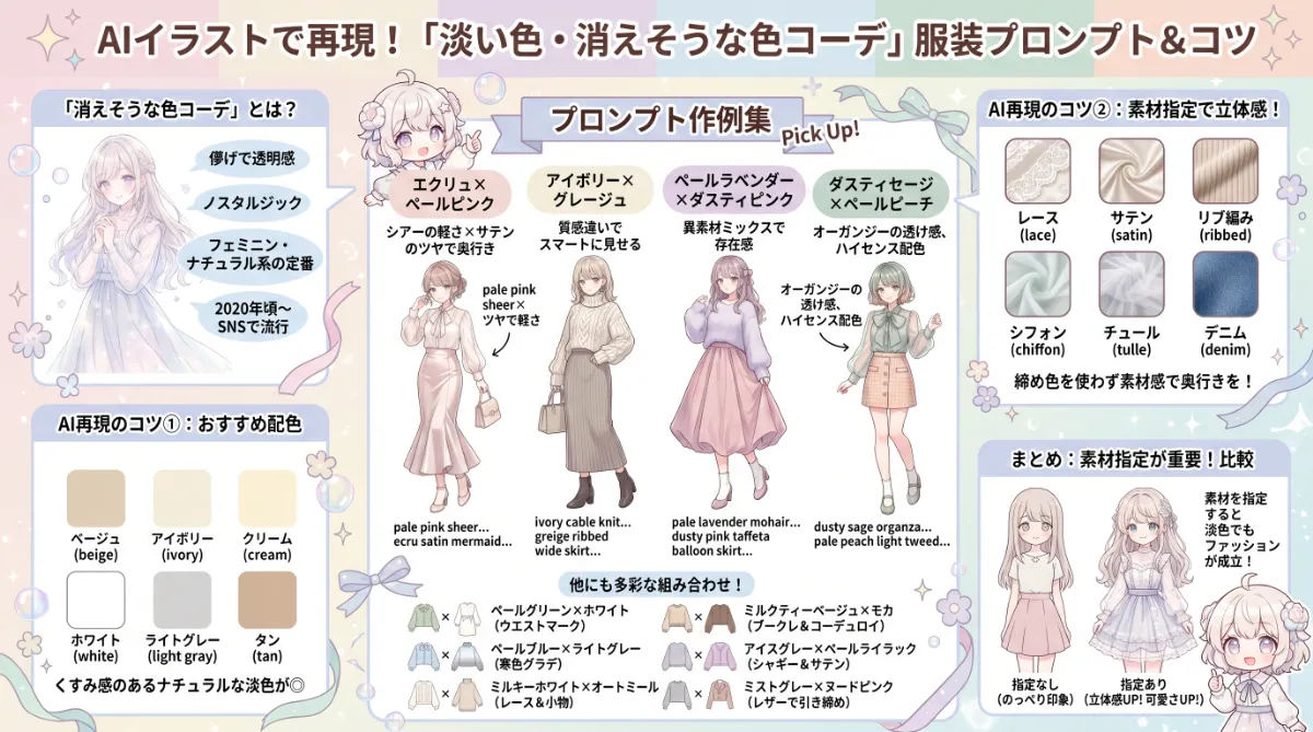 淡い色・消えそうな色コーデの服装プロンプト集【AIイラスト】のまとめ用の図解イラスト（グラレコ）