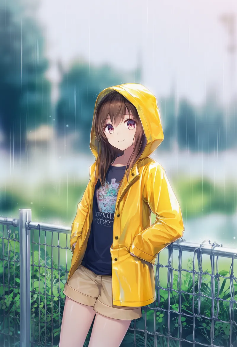 フェンスに寄りかかる姿勢を再現したAIイラスト（梅雨シーズン）｜プロンプト紹介用