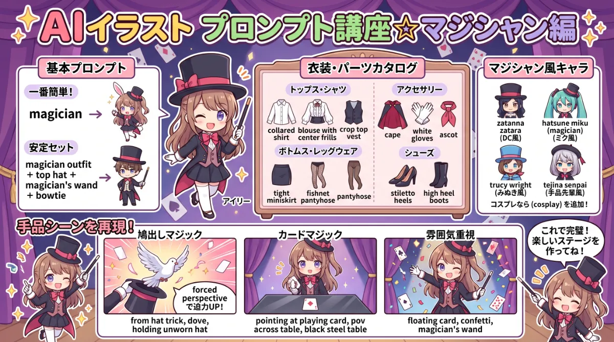 マジシャン・手品（マジック）のプロンプト集【NovelAI】のまとめ用の図解イラスト（グラレコ）