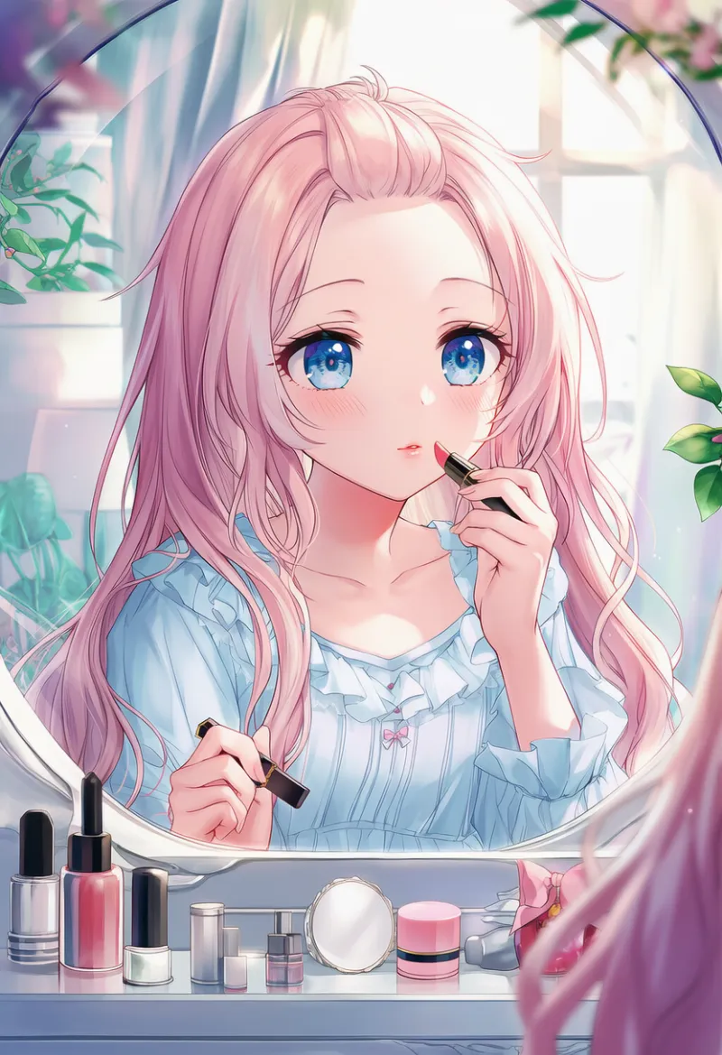 リップを塗る動作のAIイラスト（朝の日常行動）｜プロンプト紹介用
