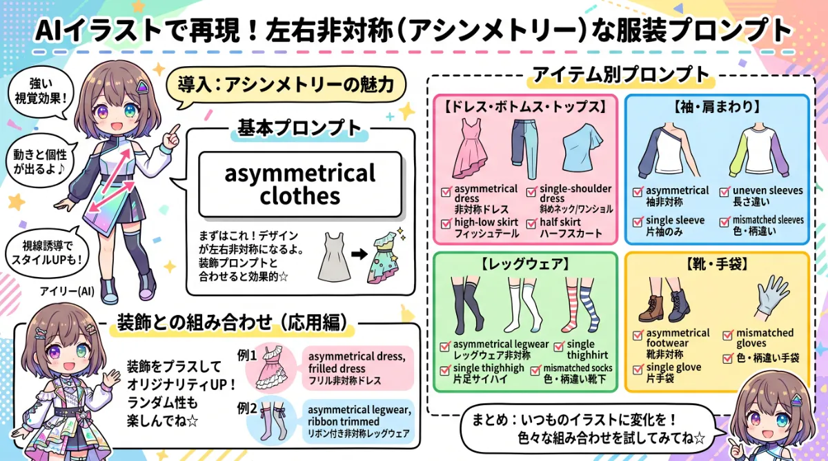 左右非対称（アシンメトリー）の服装プロンプト集【AIイラスト】のまとめ用の図解イラスト（グラレコ）
