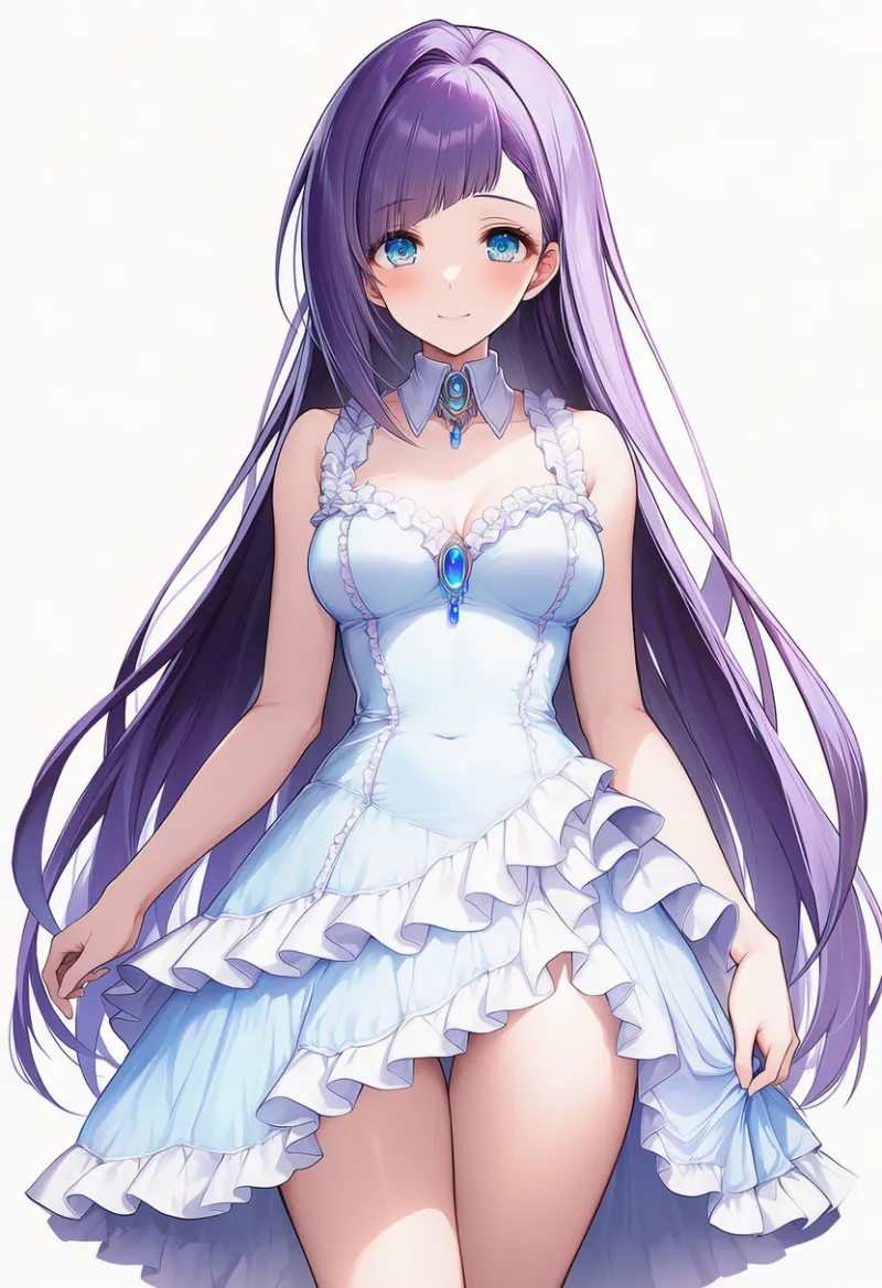 非対称デザインのフリルレイヤード・ドレスのAIイラスト｜プロンプト紹介用