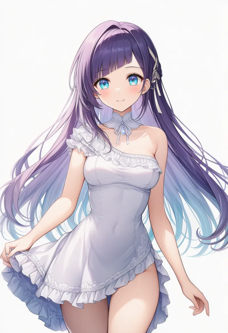 非対称デザインのフリルリボン・ドレスのAIイラスト｜プロンプト紹介用
