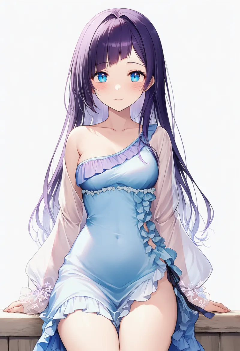 肩が非対称デザインのフリルドレスのAIイラスト｜プロンプト紹介用