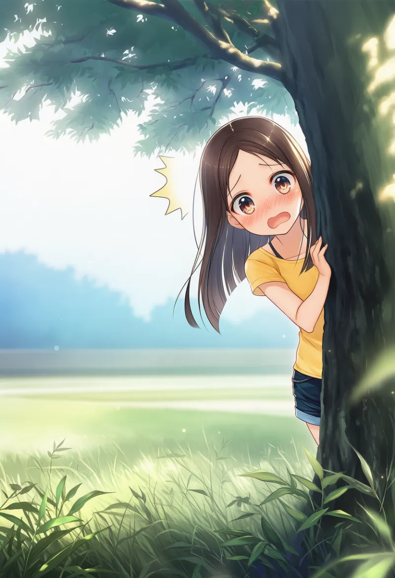 木に隠れて覗き見るポーズのAIイラスト｜プロンプト紹介用