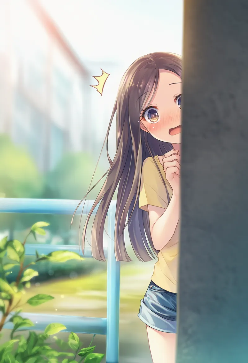 壁に隠れて覗き見るポーズのAIイラスト｜プロンプト紹介用