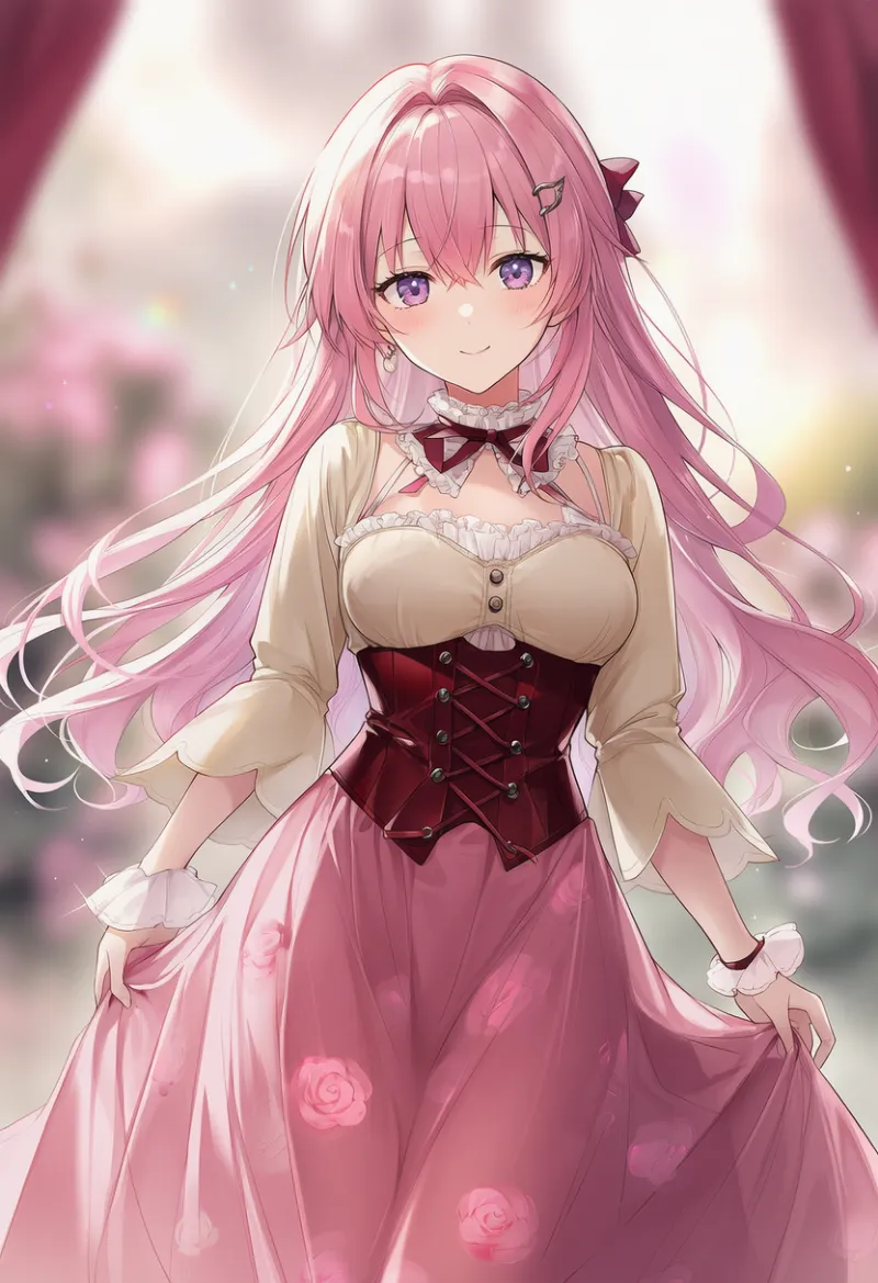 ベージュ×ローズピンク×ダークレッドのノスタルジックコーデのAIイラスト（ピンクベースの服コーデ）｜プロンプト紹介