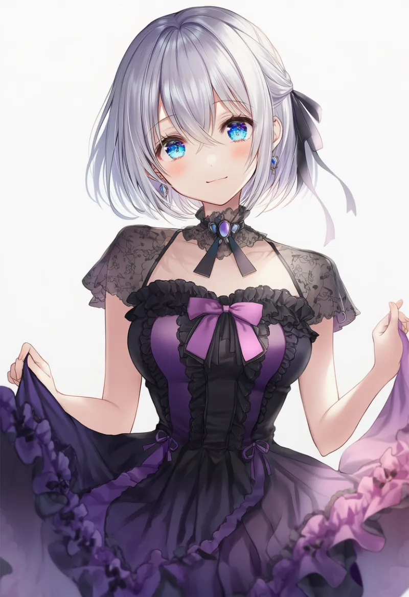 ブラック × ディープパープル（フリルドレス）の2色配色の服のAIイラスト｜プロンプト紹介用