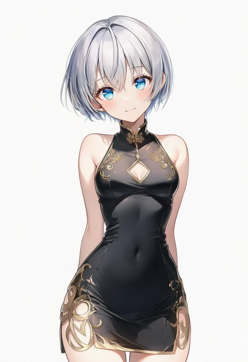 ブラック × ゴールド（カクテルドレス）の2色配色の服のAIイラスト｜プロンプト紹介用