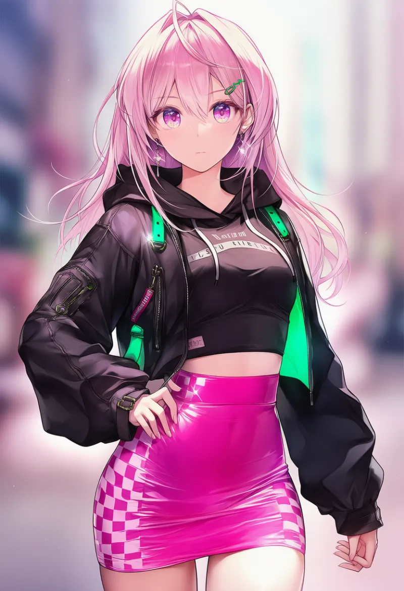 ブラック×ビビッドピンク×ネオングリーンのサイバーパンク系のAIイラスト（ピンクベースの服コーデ）｜プロンプト紹介