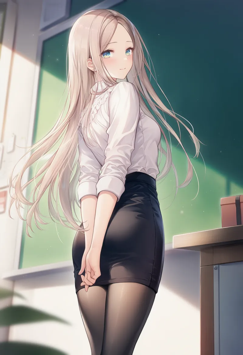 黒いパンティストッキングを着用した女教師のAIイラスト｜プロンプト紹介