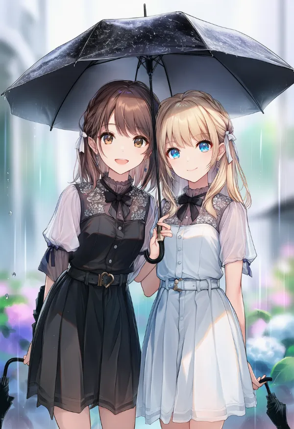 黒い傘のAIイラスト（梅雨シーズン）｜プロンプト紹介用