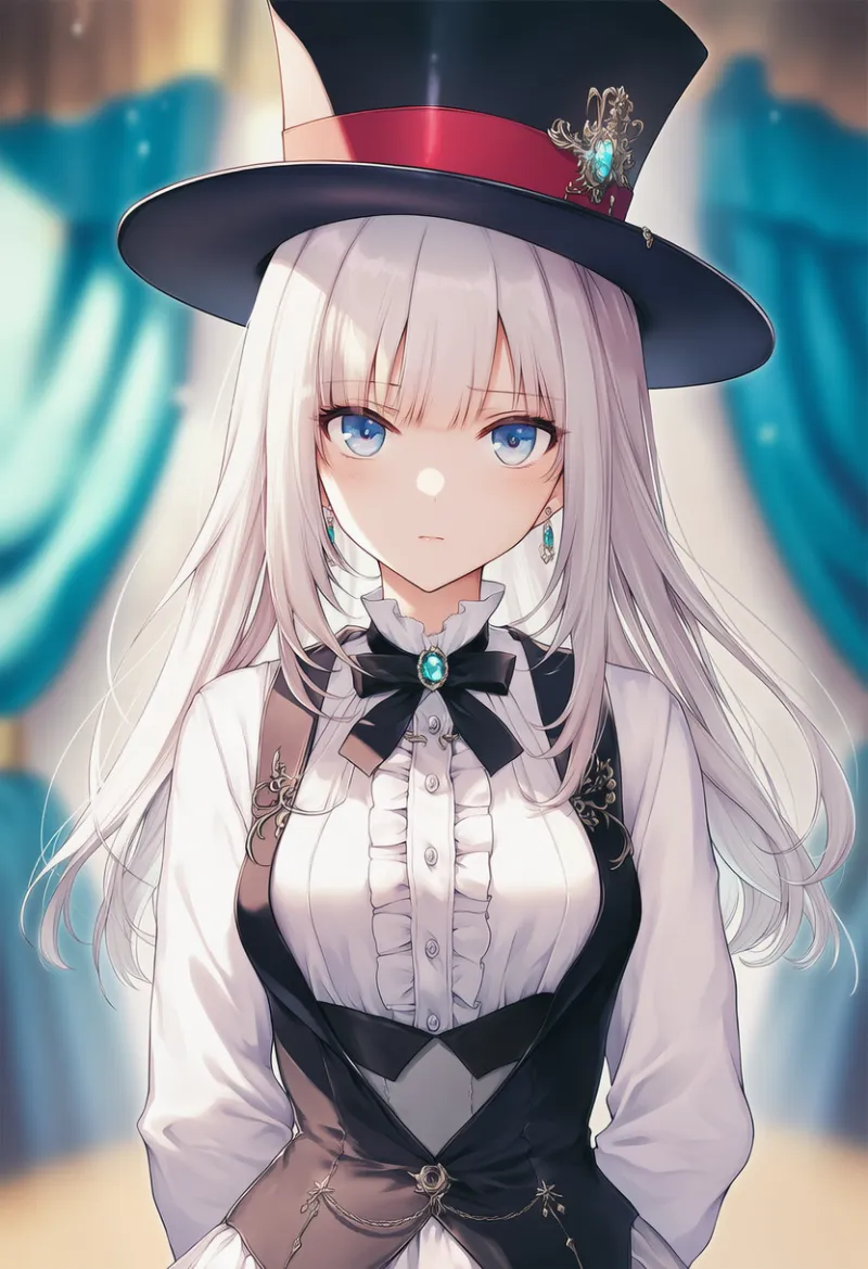 センターフリル・ブラウス（マジシャン衣装）のAIイラスト｜プロンプト紹介