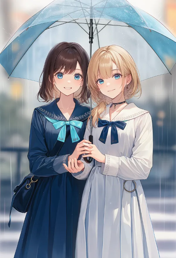 青い傘のAIイラスト（梅雨シーズン）｜プロンプト紹介用