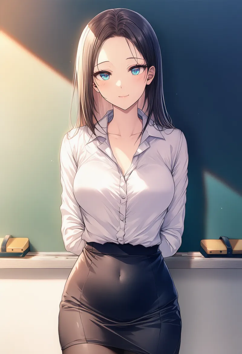 黒板消しの見える背景に立つ女教師のAIイラスト｜プロンプト紹介用