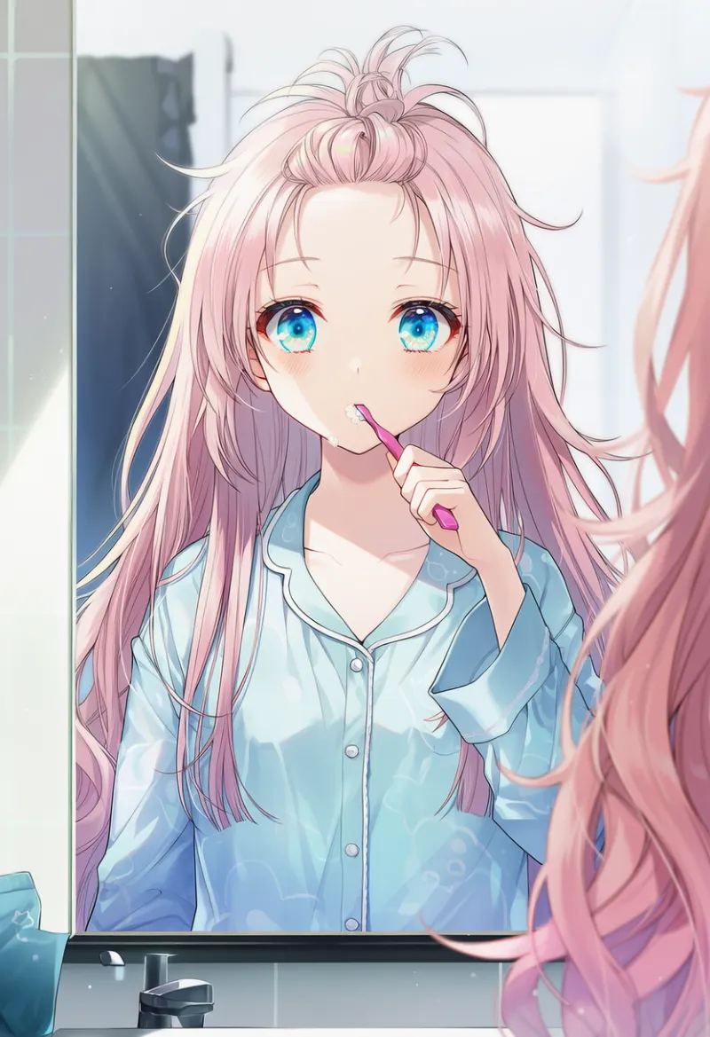 朝の歯磨きシーンのAIイラスト（朝の日常行動）｜プロンプト紹介用