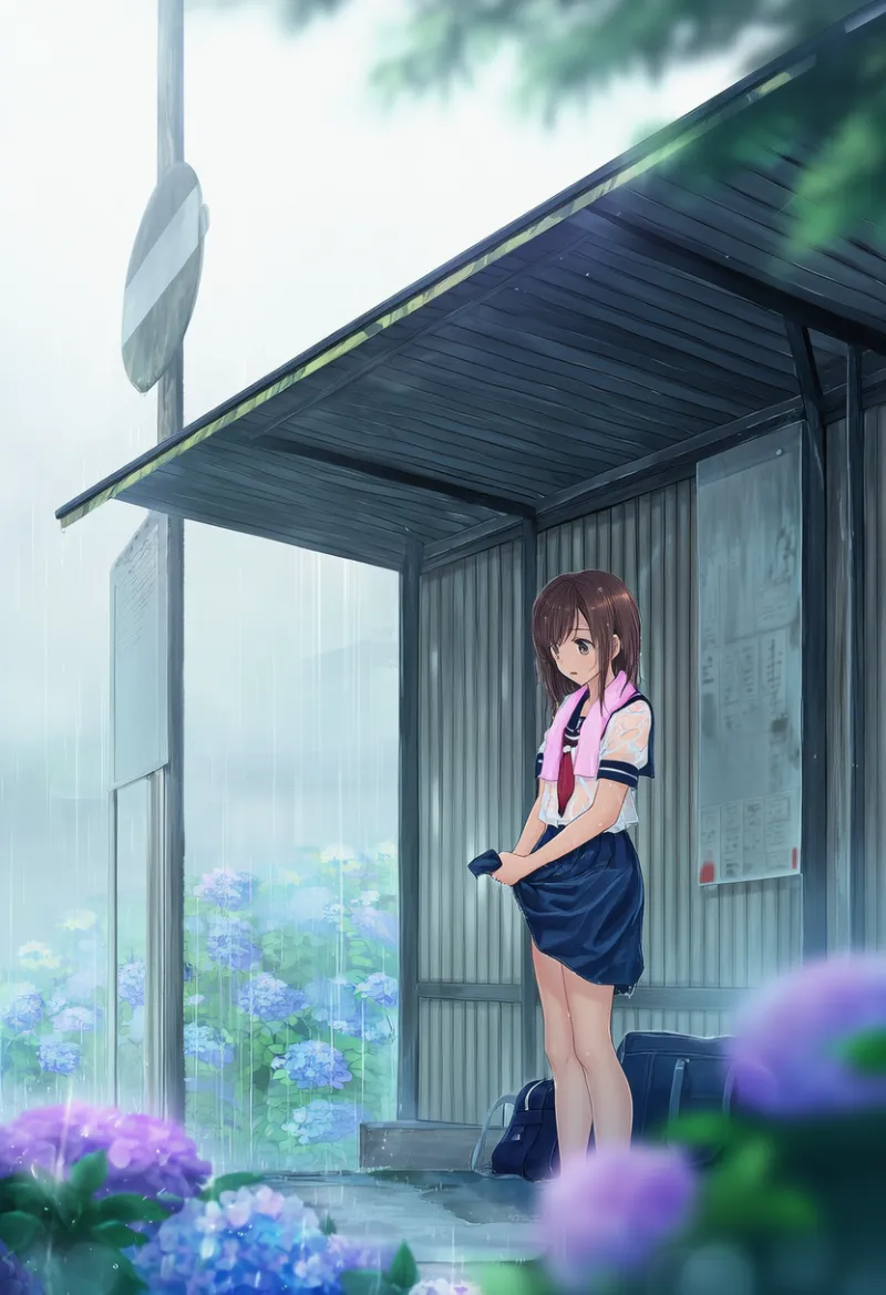 紫陽花が見えるバス停で雨宿りをしているキャラクターのAIイラスト（梅雨シーズン）｜プロンプト紹介用