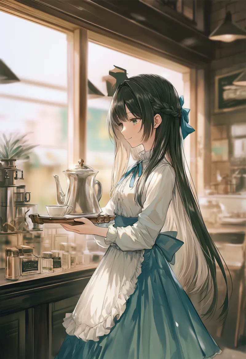 カフェのAIイラスト（給仕中の店内の様子）｜プロンプト紹介用