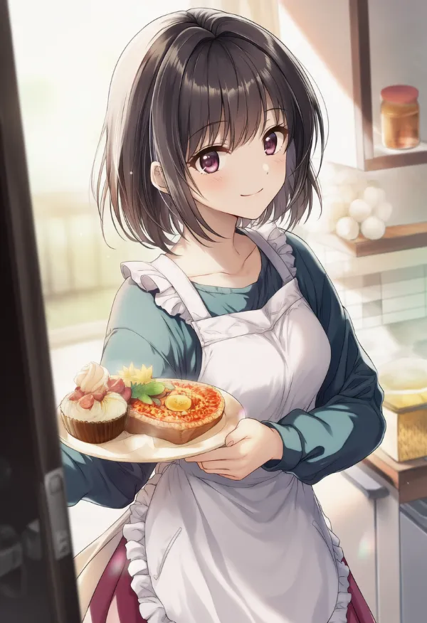 フリルエプロンを着けた主婦のAIイラスト