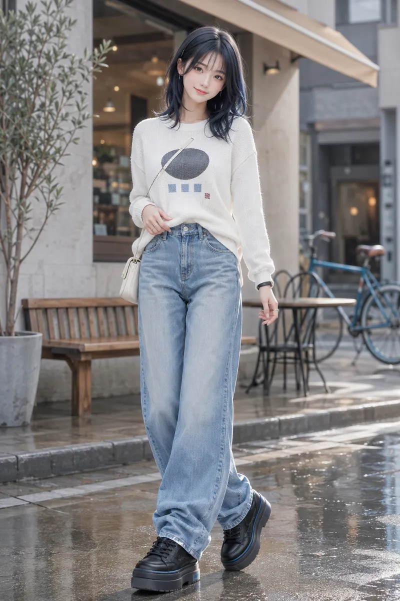 GPT Image 2.0生成：カレッジロゴスウェット × ワイドデニムパンツ（普通の服コーデ）のAIイラスト｜プロンプト紹介用