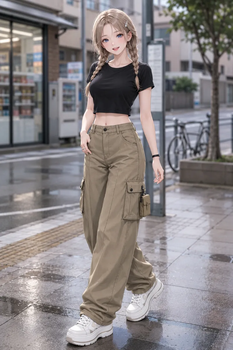 GPT Image 2.0生成：チビT（クロップド丈Tシャツ） × カーゴパンツ（普通の服コーデ）のAIイラスト｜プロンプト紹介用