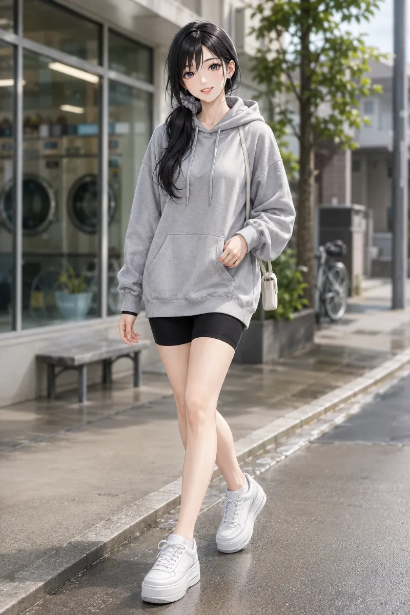 GPT Image 2.0生成：オーバーサイズパーカー × バイカーショーツ（普通の服コーデ）のAIイラスト｜プロンプト紹介用