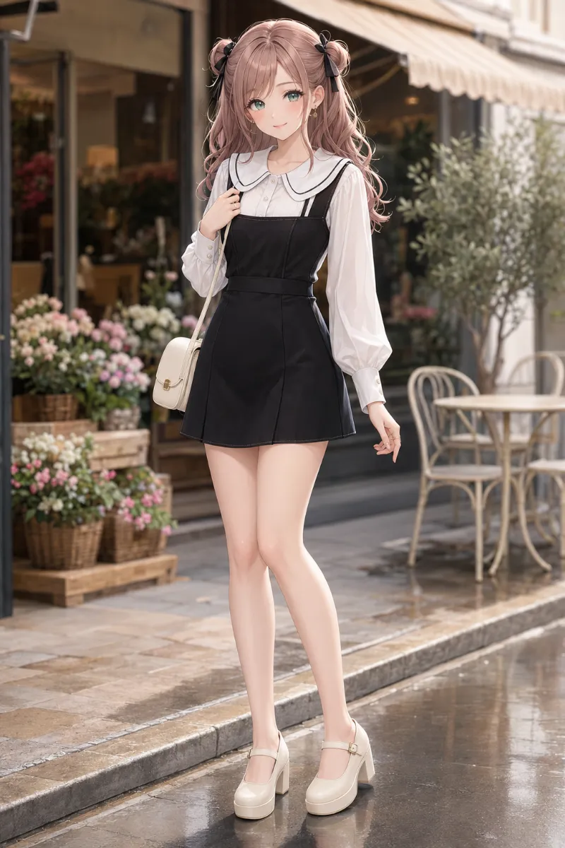 GPT Image 2.0生成：デカ襟ブラウス × 黒のミニジャンスカ（普通の服コーデ）のAIイラスト｜プロンプト紹介用