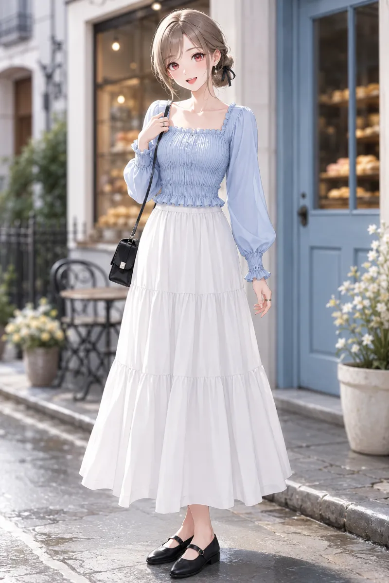 GPT Image 2.0生成：シャーリングトップス × ティアード・ロングスカート（普通の服コーデ）のAIイラスト｜プロンプト紹介用