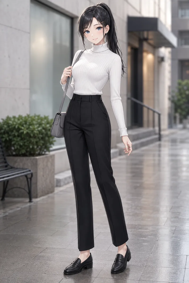 GPT Image 2.0生成：白のリブタートルニット × 黒のスラックス（普通の服コーデ）のAIイラスト｜プロンプト紹介用