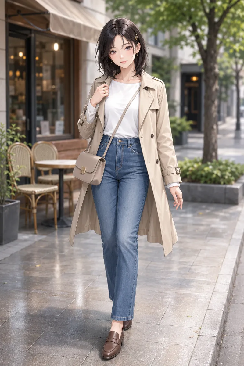 GPT Image 2.0生成：白のボートネックカットソー × テーパードデニム × トレンチコート（普通の服コーデ）のAIイラスト｜プロンプト紹介用