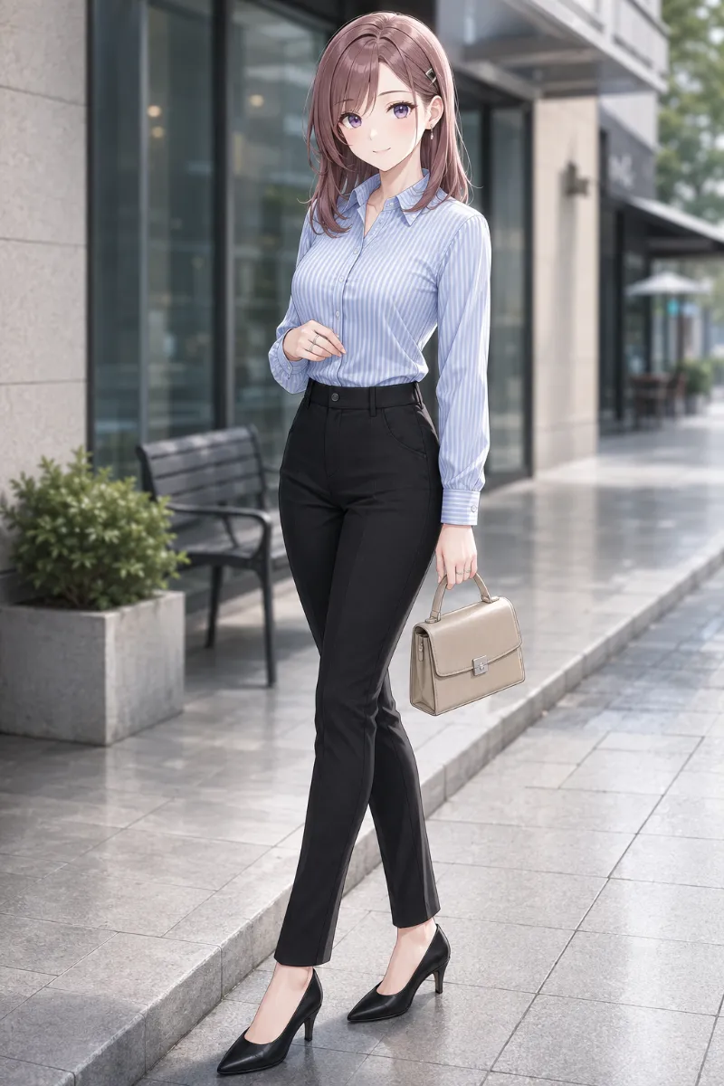 GPT Image 2.0生成：ストライプ柄のシャツ × 黒のスリムパンツ（普通の服コーデ）のAIイラスト｜プロンプト紹介用