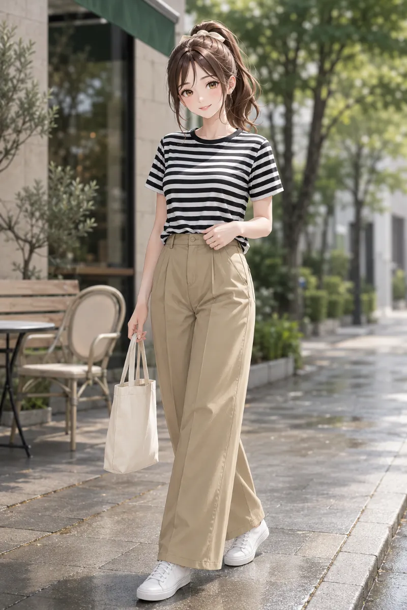 GPT Image 2.0生成：ボーダーTシャツ × カーキのワイドパンツ（普通の服コーデ）のAIイラスト｜プロンプト紹介用