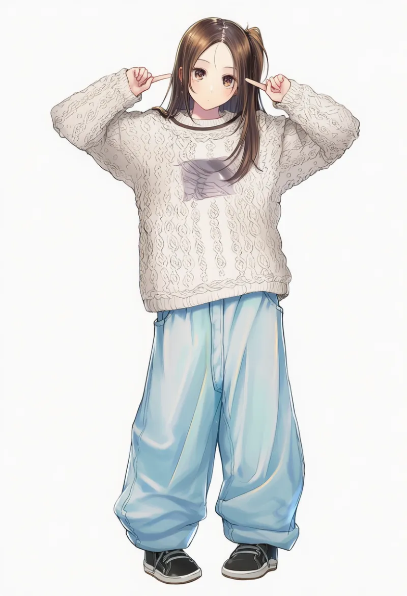 NovelAI生成：カレッジロゴスウェット × ワイドデニムパンツ（普通の服コーデ）のAIイラスト｜プロンプト紹介用