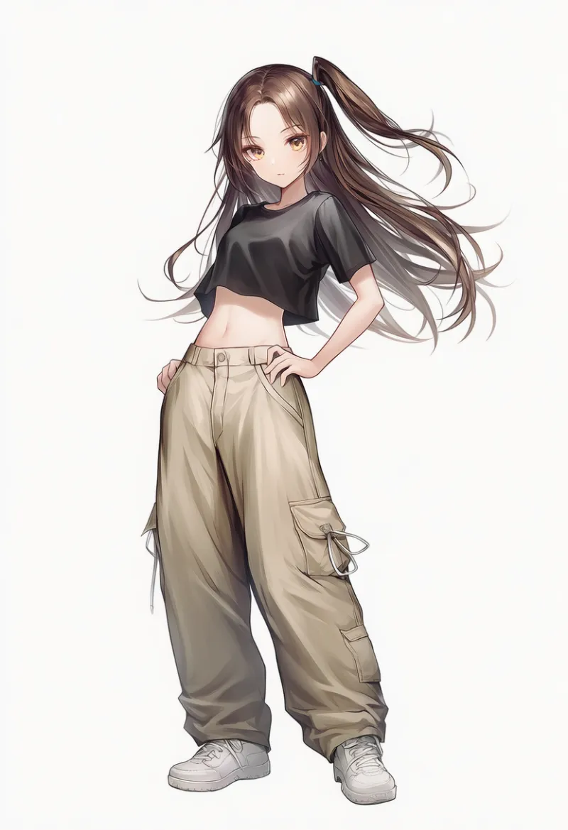 NovelAI生成：チビT（クロップド丈Tシャツ） × カーゴパンツ（普通の服コーデ）のAIイラスト｜プロンプト紹介用