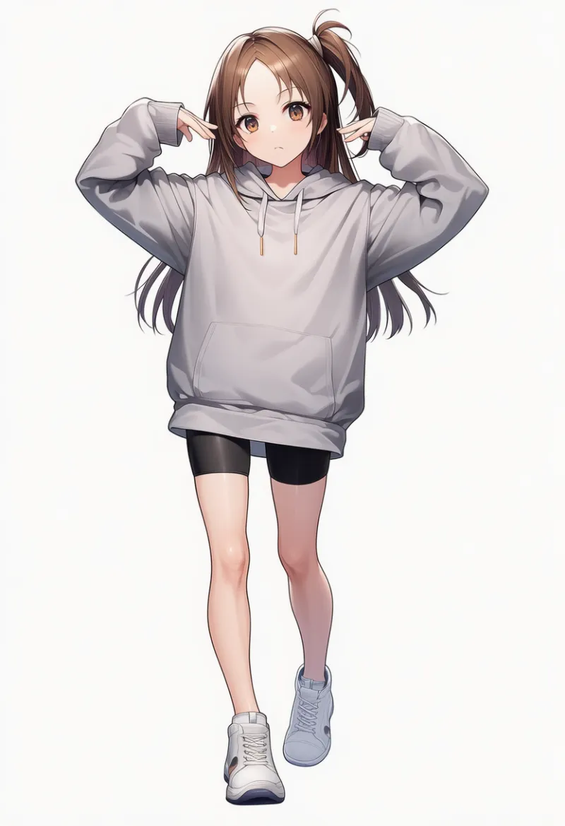NovelAI生成：オーバーサイズパーカー × バイカーショーツ（普通の服コーデ）のAIイラスト｜プロンプト紹介用