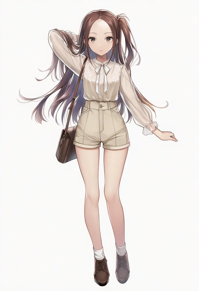 NovelAI生成：リボン付きシアーブラウス × ハイウエストショートパンツ（普通の服コーデ）のAIイラスト｜プロンプト紹介用